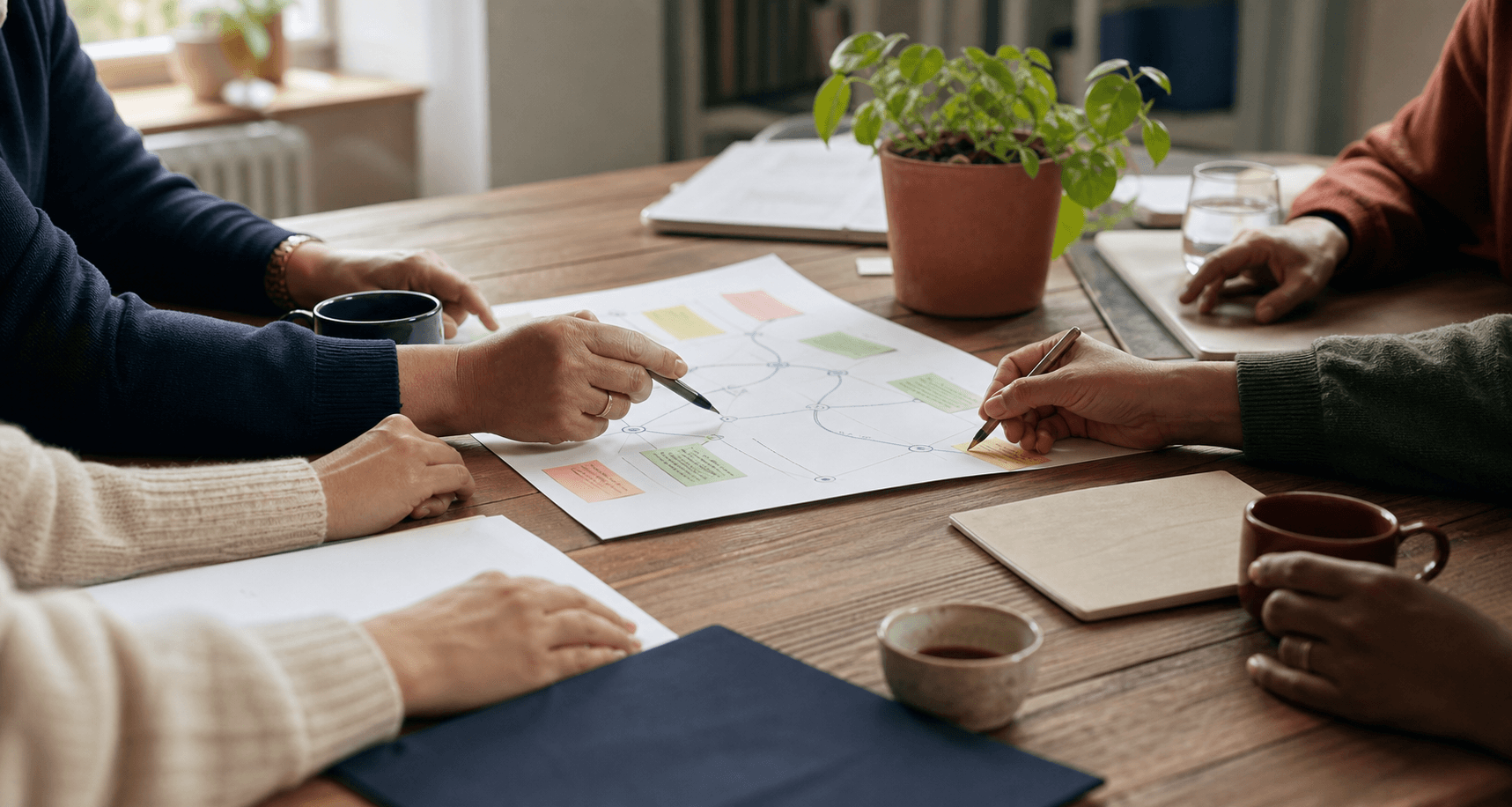 Volwassen handen rond een tafel met notities en plant als symbool voor samenwerking en netwerkopbouw.